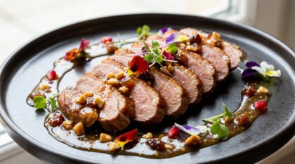 découvrez notre recette élégante de magret de canard rôti accompagné d'une sauce au nougat, pour un savoureux mariage sucré-salé qui ravira vos papilles.