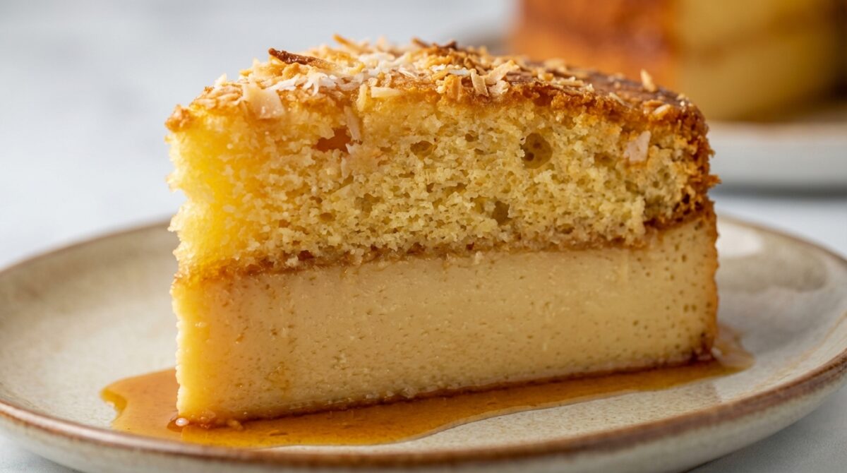 découvrez un dessert gourmand mi-gâteau mi-flan à la noix de coco, avec un fondant délicieux en dessous et une texture moelleuse sur le dessus, parfait pour toutes vos envies sucrées.
