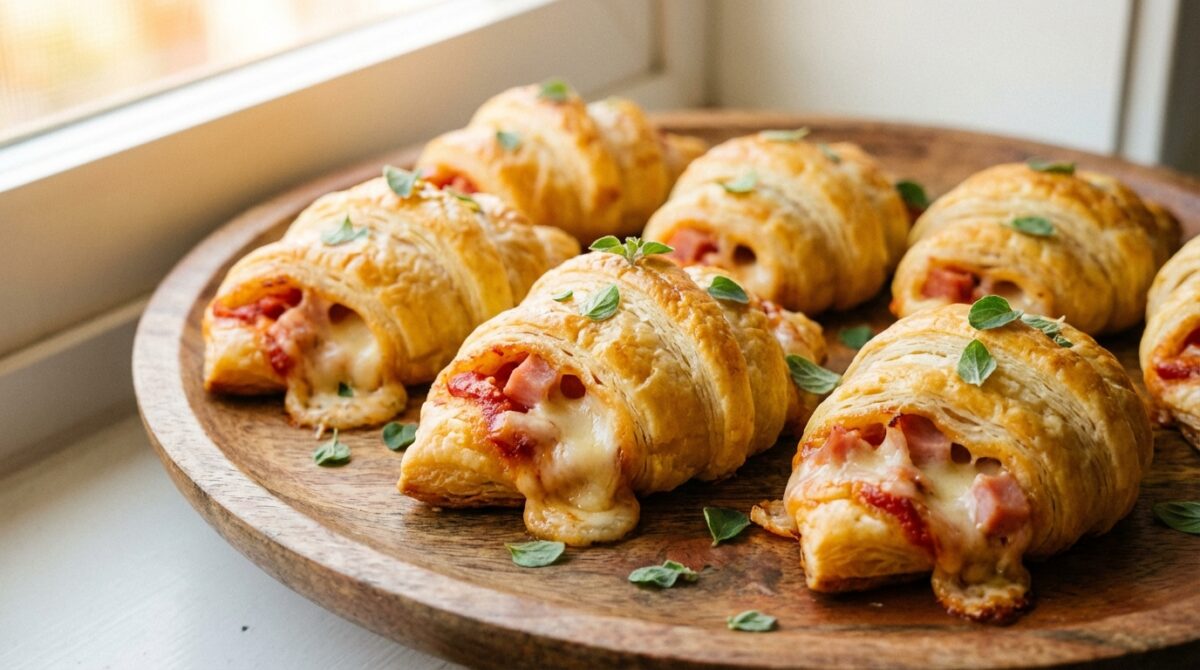 découvrez nos mini croissants apéritifs garnis façon pizza, au jambon savoureux et fromage fondant, parfaits pour vos apéritifs gourmands et conviviaux.