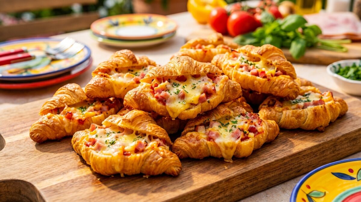 découvrez nos mini croissants apéritifs garnis façon pizza, délicieusement fourrés au jambon et fromage fondant, parfaits pour vos soirées conviviales.