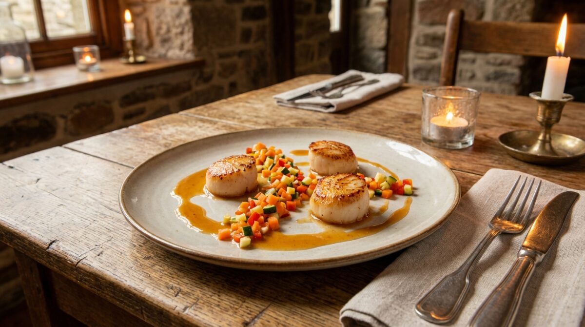 découvrez la recette délicate des noix de saint-jacques au cidre accompagnées de petits légumes frais, un plat raffiné aux saveurs parfumées pour épater vos convives.