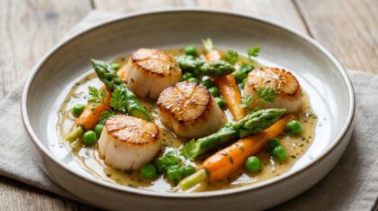 découvrez notre recette délicate de noix de saint-jacques au cidre accompagnée de petits légumes, un plat fin et parfumé qui ravira vos papilles.