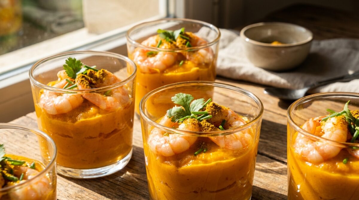 découvrez une recette gourmande de verrines au potimarron et crevettes, subtilement relevées d'une touche de curry pour une explosion de saveurs en bouche.