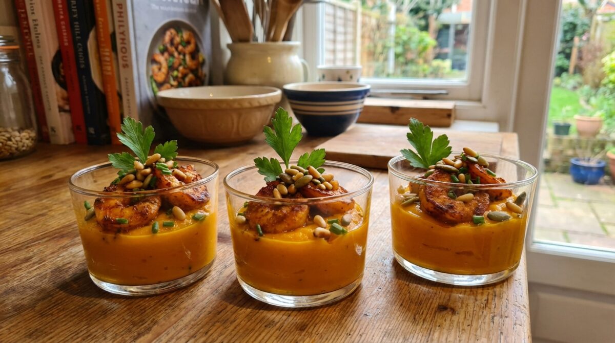 découvrez une délicieuse recette de verrines au potimarron et crevettes, subtilement relevées d'une pointe de curry pour un équilibre parfait entre douceur et épices.