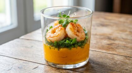 découvrez une recette facile et délicieuse de verrines au potimarron et crevettes, sublimées par une pointe de curry pour un mélange savoureux et original.
