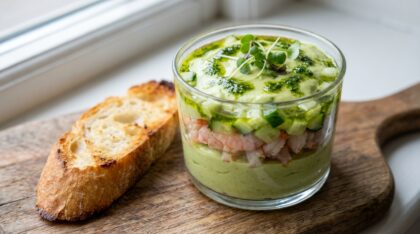 découvrez une recette simple et raffinée de verrines avocat et crevettes, sublimées par une huile parfumée pour un goût exquis et frais.