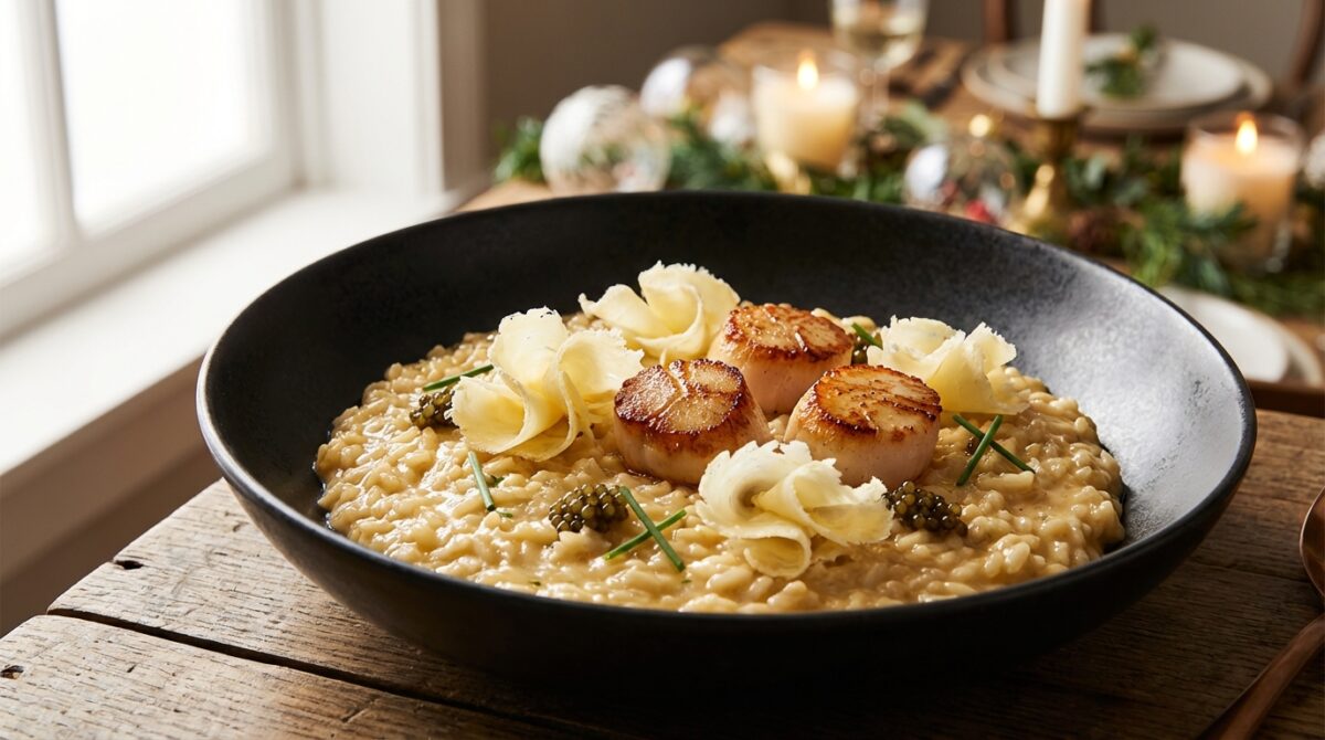 découvrez notre recette festive et raffinée de risotto au champagne, tête de moine aop et noix de saint-jacques, parfaite pour impressionner vos convives lors des grandes occasions.