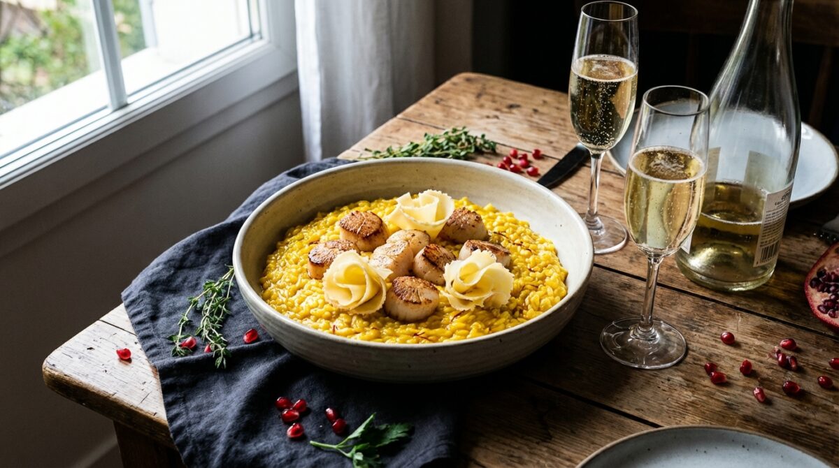 découvrez notre recette festive et raffinée de risotto au champagne, tête de moine aop et noix de saint-jacques, pour un repas élégant et savoureux.