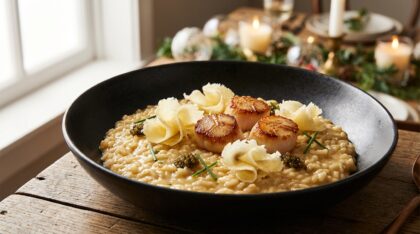 découvrez notre recette festive et raffinée de risotto au champagne, tête de moine aop et noix de saint-jacques, parfaite pour impressionner vos convives lors des grandes occasions.