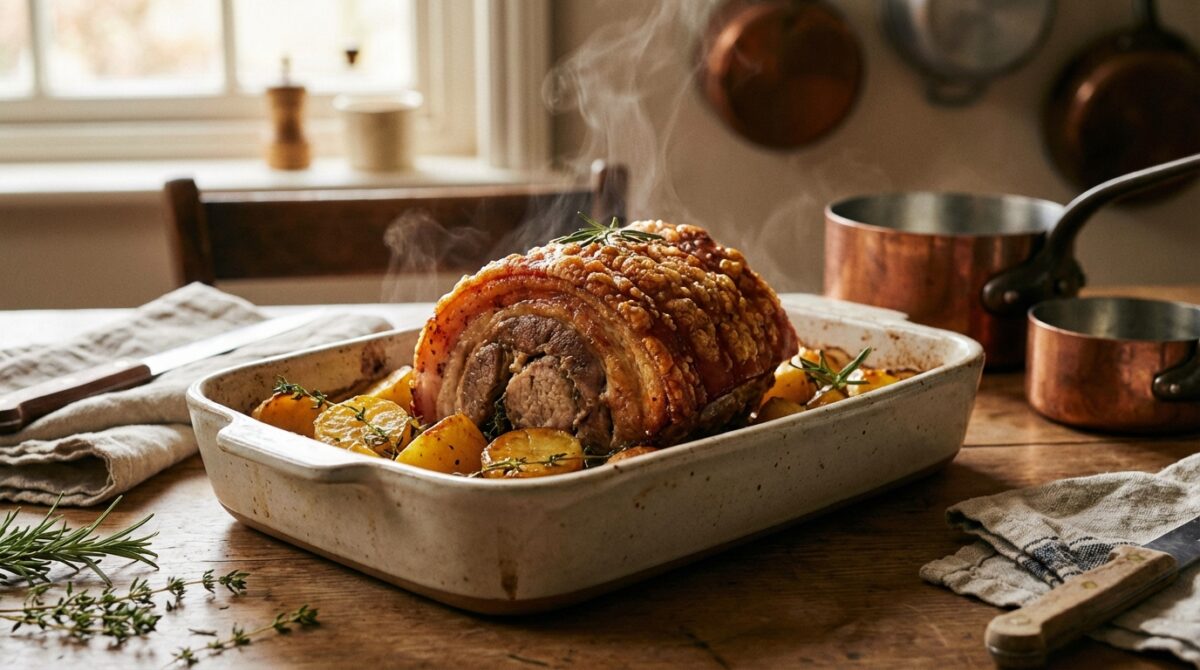 découvrez notre rouelle de porc caramélisée accompagnée de pommes de terre confites au miel, une recette fondante et dorée qui ravira vos papilles.