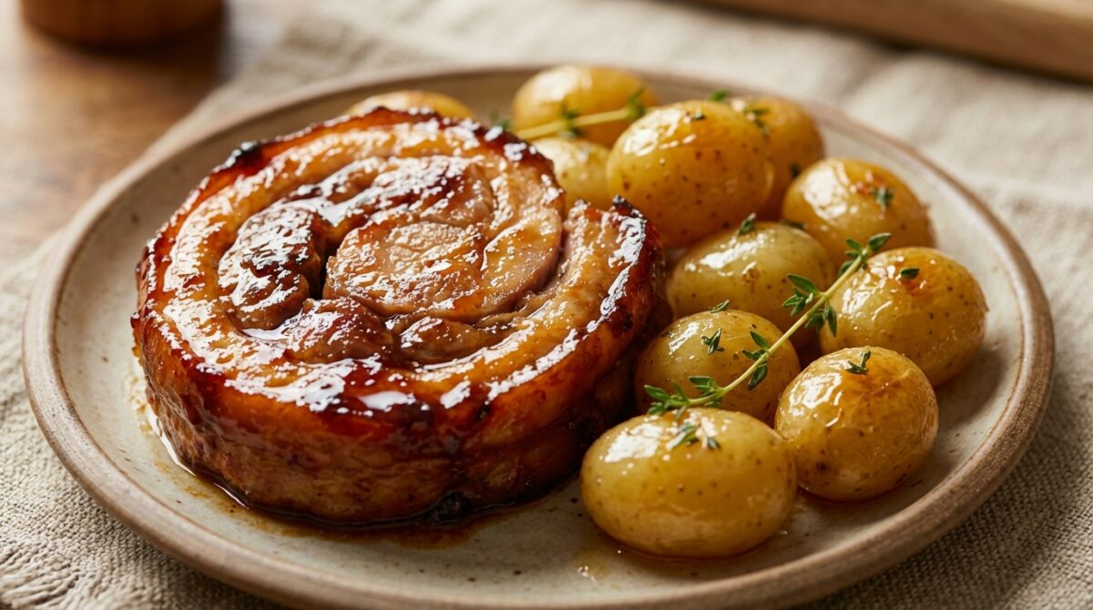 découvrez notre recette de rouelle de porc caramélisée accompagnée de pommes de terre confites au miel, pour un plat fondant, doré et savoureux.
