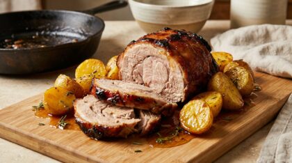 découvrez une rouelle de porc caramélisée accompagnée de pommes de terre confites au miel, pour un plat fondant et doré, alliant douceur et saveurs gourmandes.