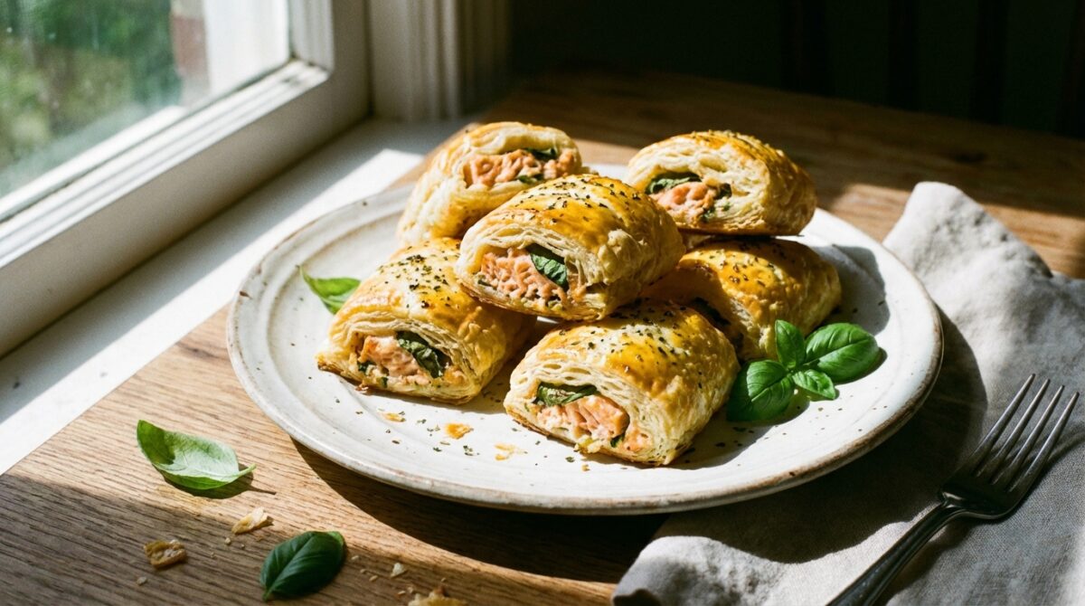 découvrez notre recette facile et parfumée de roulés feuilletés apéritifs au saumon et basilic, parfaite pour vos moments conviviaux.