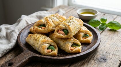 découvrez notre recette facile et parfumée de roulés feuilletés apéritifs au saumon et basilic, idéale pour un apéritif gourmand et rapide à préparer.