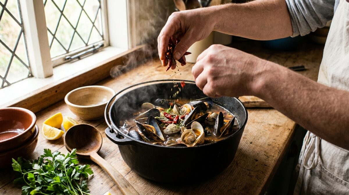 découvrez notre recette originale et savoureuse de soupe aux moules et coques, parfumée au safran et au cumin, idéale pour une entrée raffinée.