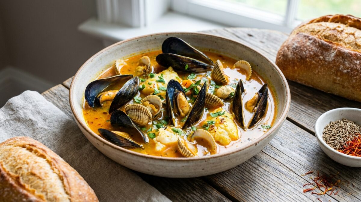 découvrez notre recette originale et savoureuse de soupe moules-coques au safran et cumin, parfaite pour une entrée raffinée et pleine de goût.