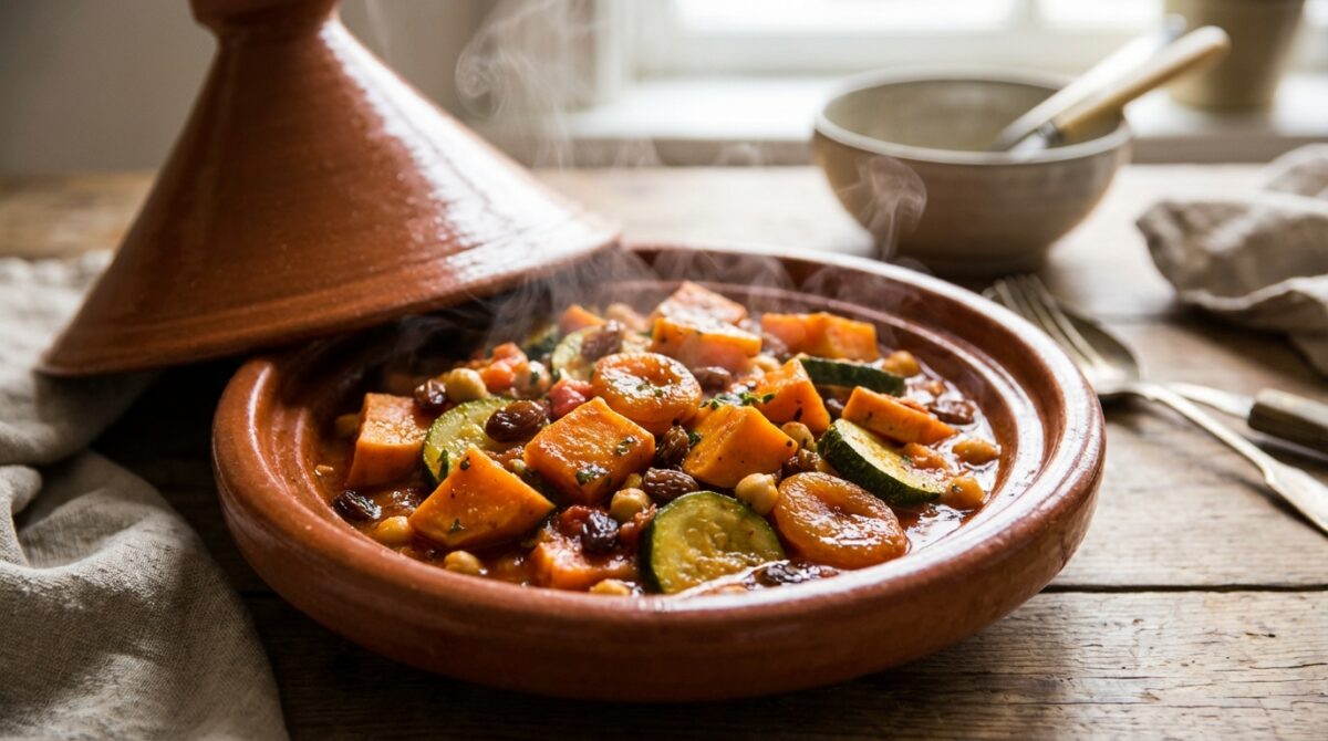 découvrez notre recette facile et conviviale de tajine végétarien aux patates douces, courgettes et raisins, un plat savoureux parfait pour toutes les occasions.