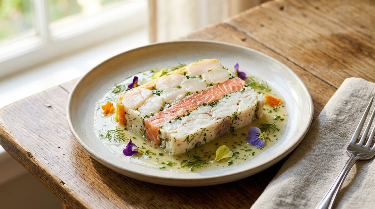 découvrez notre terrine de poisson et noix de saint-jacques aux herbes, une entrée raffinée et légère qui éveillera vos papilles avec des saveurs fraîches et délicates.