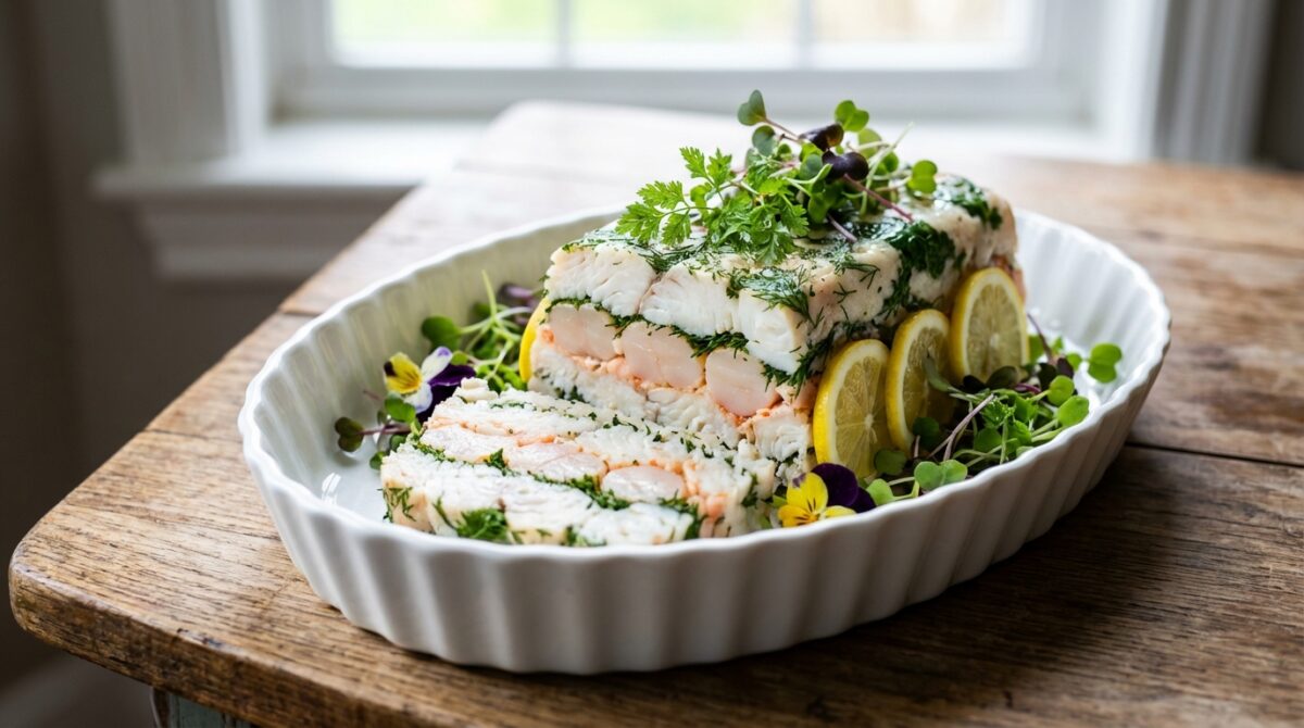 découvrez une terrine de poisson et noix de saint-jacques aux herbes, une entrée raffinée et légère parfaite pour impressionner vos invités avec des saveurs délicates et fraîches.