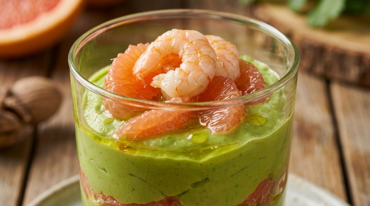 découvrez une verrine alliant la douceur de la crème d’avocat, la touche acidulée du pamplemousse et la finesse des crevettes, pour un apéritif frais et élégant.
