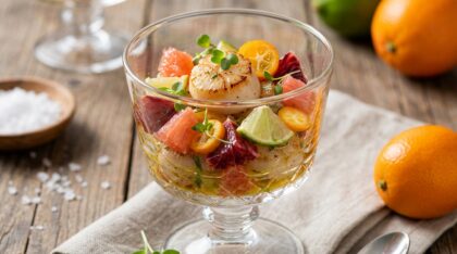 découvrez notre verrine de noix de saint-jacques aux agrumes, une entrée alliant fraîcheur et finesse pour éveiller vos papilles.