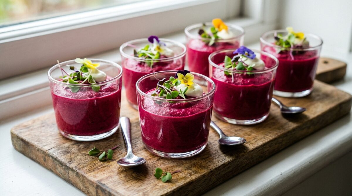 découvrez notre verrine mousse de betteraves, une entrée légère et originale parfaite pour surprendre vos convives avec une saveur douce et colorée.