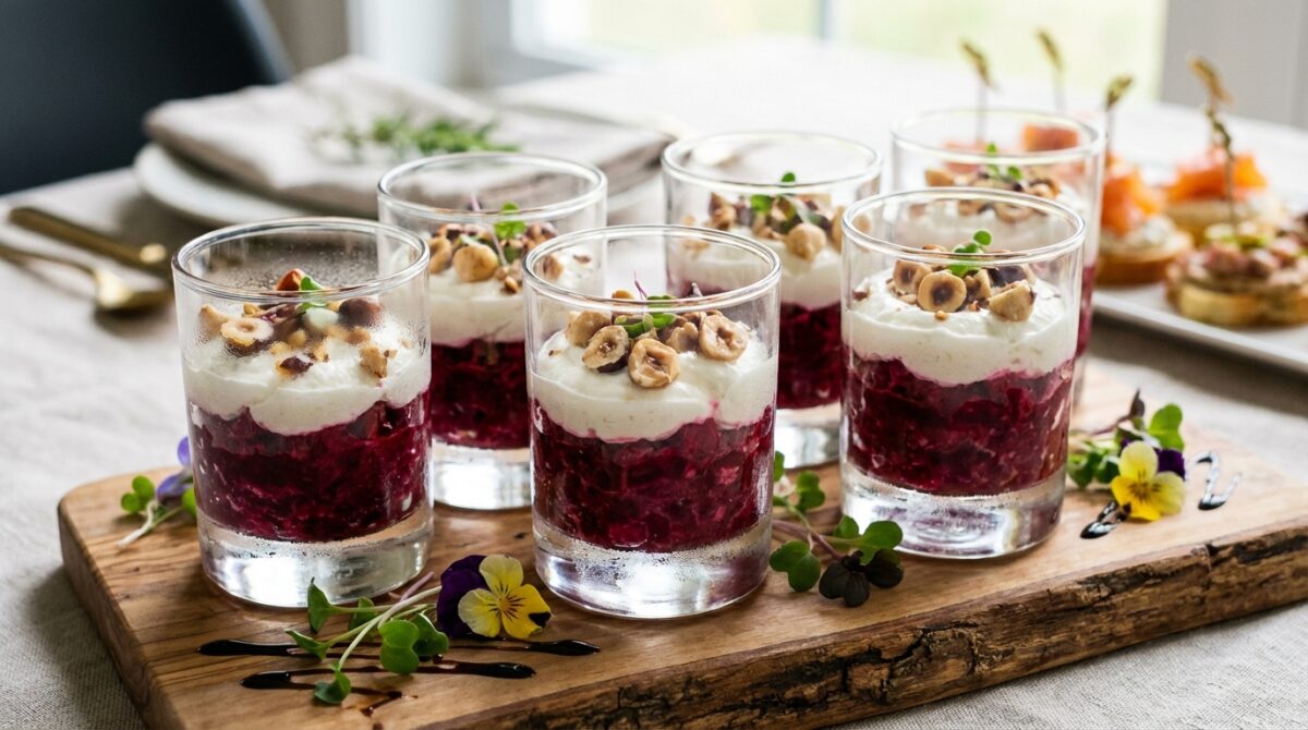 découvrez une recette chic et colorée de verrines apéritives à base de betterave, chèvre frais et noisette, idéale pour une entrée fraîche et raffinée.