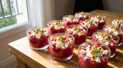 découvrez une recette élégante et colorée de verrines apéritives à base de betterave, chèvre frais et noisette, parfaite pour une entrée chic et savoureuse.