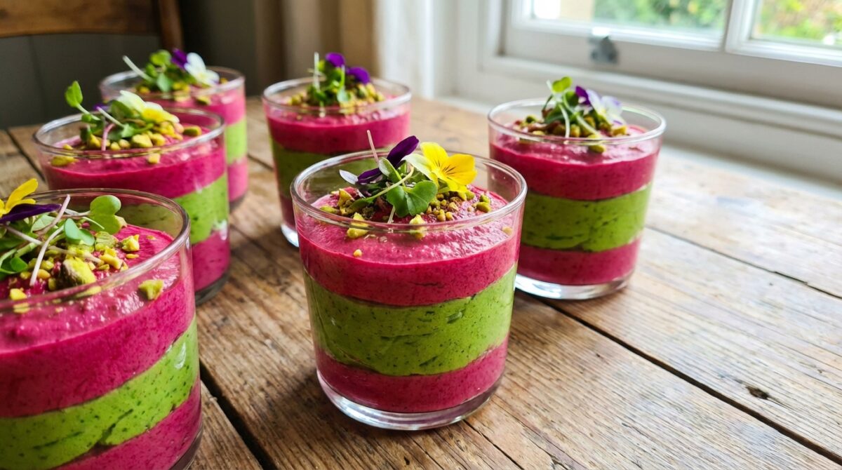 découvrez une recette simple et colorée de verrines betterave et mousse de roquette, parfaite pour un apéritif gourmand et frais.