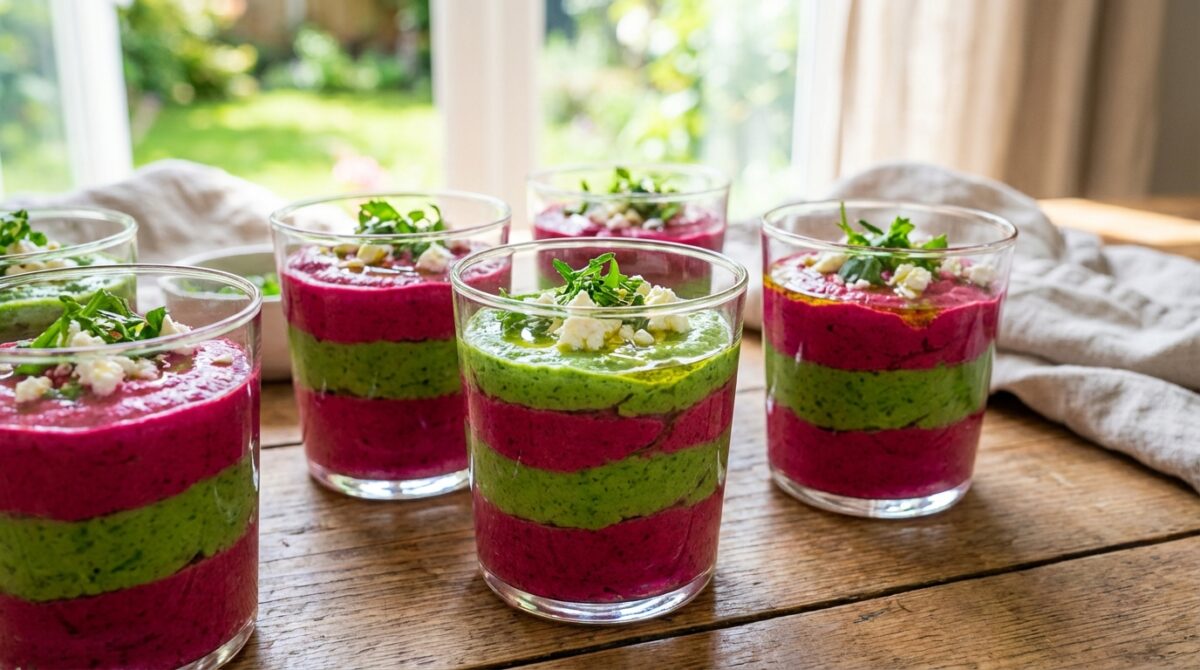 découvrez une recette simple et colorée de verrines betterave et mousse de roquette, parfaite pour un apéritif original et frais.