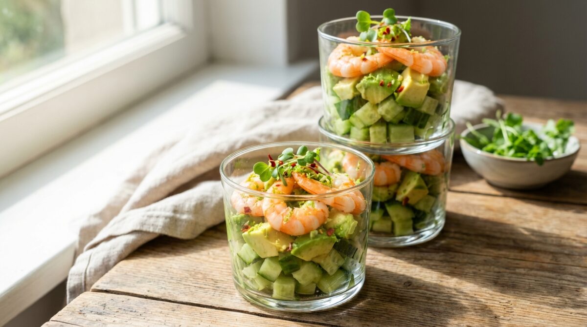 découvrez notre recette rapide et fraîche de verrines au tartare de concombre, avocat et crevettes, parfaites pour un apéritif léger et délicieux en quelques minutes.