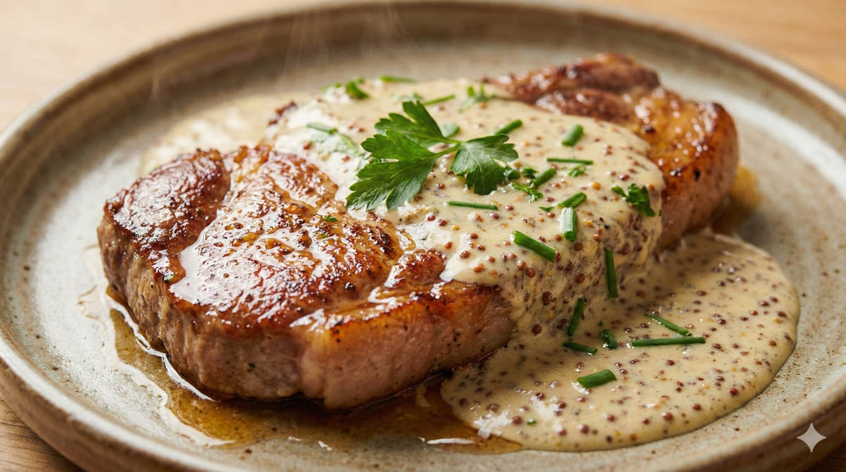 Une poêle en fonte chaude, posée sur une table en bois rustique près d'une fenêtre, contient des tranches de filet mignon de porc rosées nappées d'une sauce crémeuse à la moutarde à l'ancienne et aux échalotes, garnies de thym frais. Elles sont accompagnées de pommes de terre grenailles rôties et de haricots verts vapeur. De la vapeur s'élève du plat.