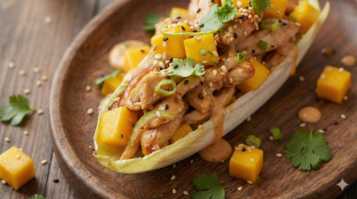 Vue en plongée d'une barquette de feuille d'endive remplie de poulet effiloché, de cubes de mangue fraîche, de sauce crémeuse au sésame, de graines de sésame, de coriandre fraîche et de tranches de citron vert, servie sur une assiette en bois rustique.
