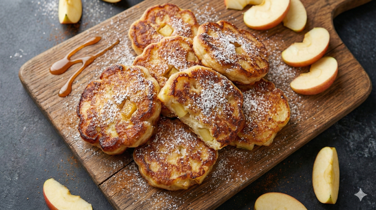 Vue aérienne d'une pile de beignets de pommes dorés et épais, cuits à la poêle, disposés sur une planche à découper en bois rustique. Ils sont généreusement saupoudrés de sucre glace et de cannelle, avec un filet de sauce caramel sur le côté. L'un des beignets est ouvert, révélant des morceaux de pommes cuites à l'intérieur. Des quartiers de pommes fraîches sont éparpillés autour sur une surface sombre.