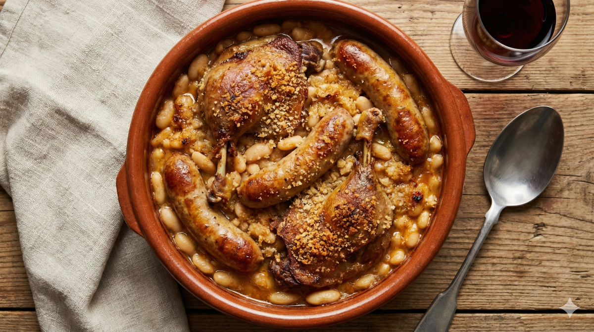 Vue du dessus d'un cassoulet rustique servi dans un plat en terre cuite ovale. Le plat est garni de haricots blancs mijotés, de deux cuisses de canard confites dorées et saupoudrées de chapelure, et de saucisses de Toulouse grillées. Il est posé sur une table en bois rustique, accompagné d'une serviette en lin beige, d'une grande cuillère de service et d'un verre de vin rouge.