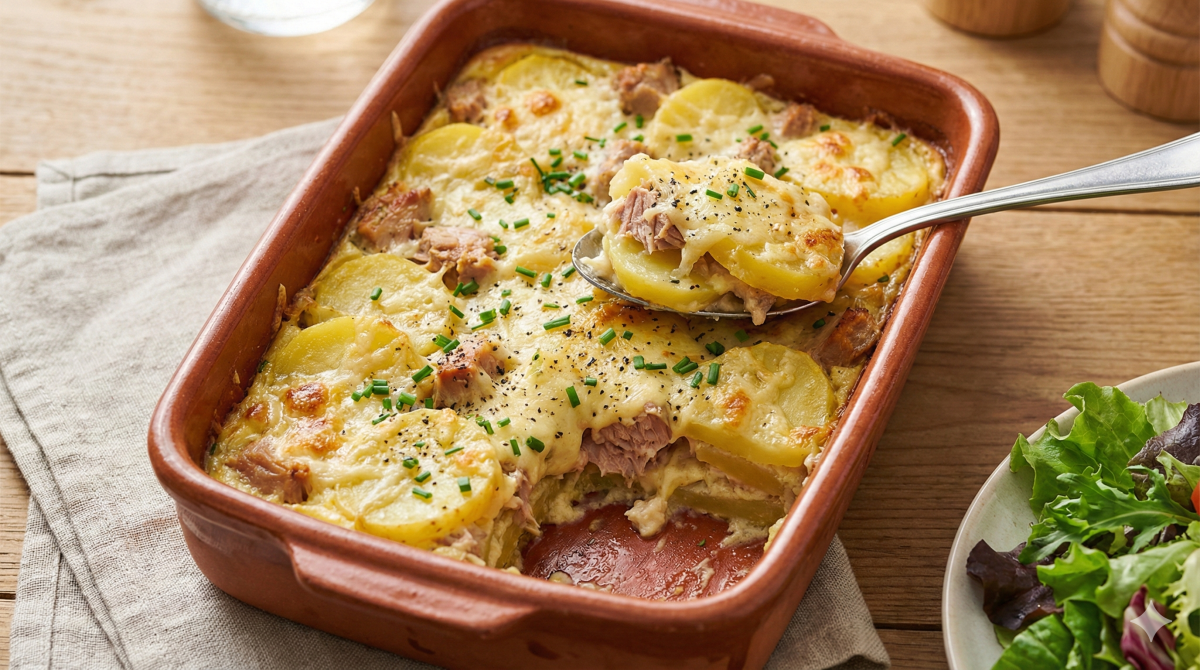 Plat à gratin en terre cuite rectangulaire rempli d'un clafoutis salé aux pommes de terre et au thon. Une cuillère de service soulève une portion, montrant les couches de pommes de terre en rondelles, les morceaux de thon, et le dessus gratiné au fromage fondu et parsemé de ciboulette ciselée. Une salade verte et une serviette en lin sont posées sur la table en bois à côté.
