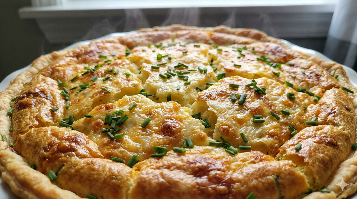 Vue d'ensemble d'une quiche soufflée chaude, bien dorée et gonflée, présentée dans un plat à tarte en céramique blanche sur une table en bois. Le dessus est gratiné avec du fromage fondu et parsemé de ciboulette fraîche ciselée. De la vapeur s'en échappe. Un petit bol rempli de ciboulette est posé à côté.
