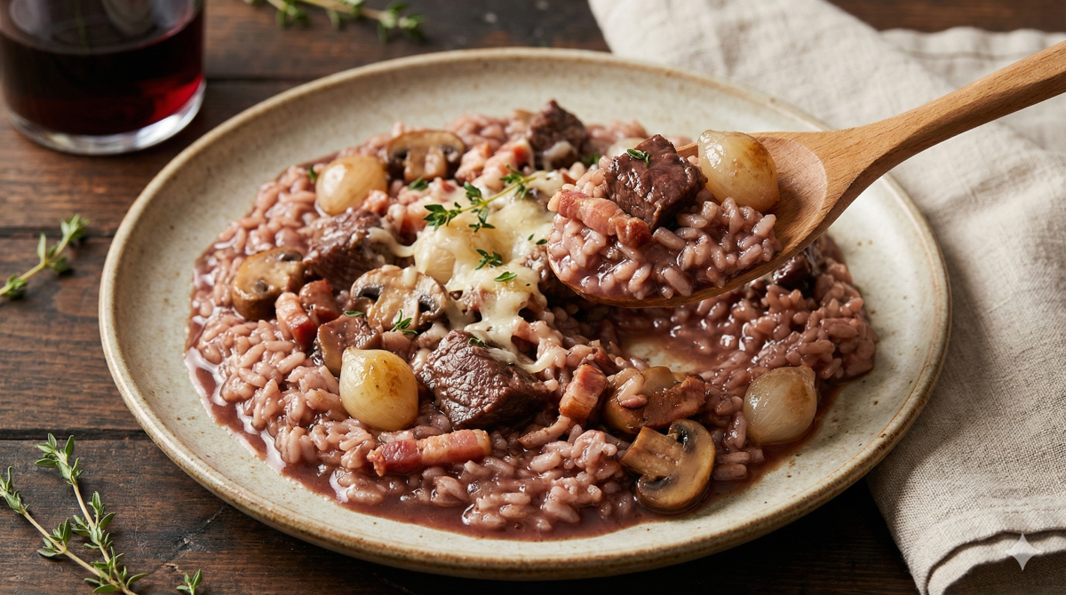 Gros plan sur une assiette rustique garnie d'un risotto crémeux façon bœuf bourguignon, teinté par le vin rouge. Une cuillère en bois soulève une portion, révélant des morceaux de bœuf mijotés, des oignons grelots entiers, des champignons de Paris, des lardons et du fromage fondu. Des brins de thym frais parsèment le plat. En arrière-plan flou, sur une table en bois sombre, on distingue un verre de vin rouge et une serviette en lin.