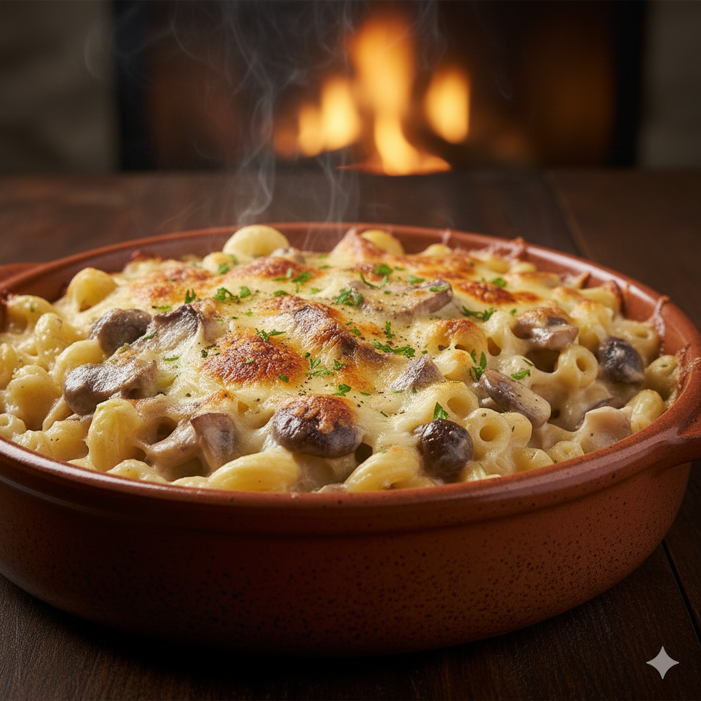 Vue rapprochée d'un gratin de pâtes fumant dans un plat en terre cuite, avec une croûte de fromage bien dorée, des morceaux de champignons de Paris et du persil frais, devant un feu de cheminée chaleureux.