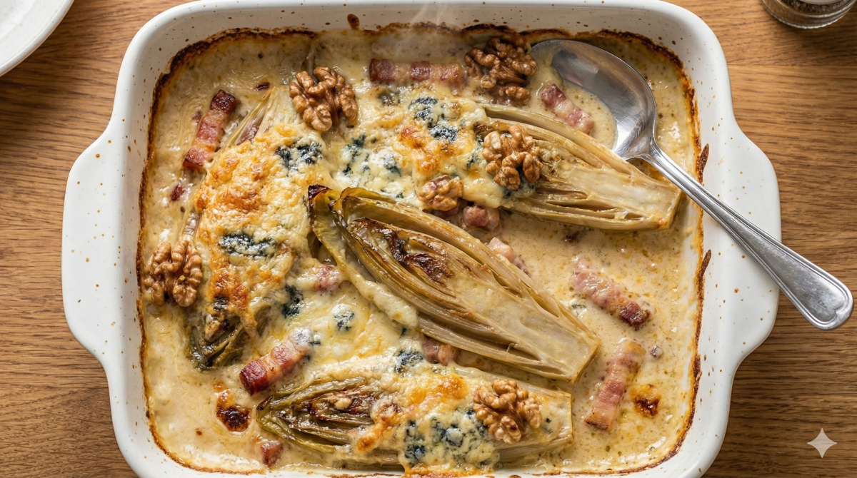 Vue du dessus d'un plat à gratin rectangulaire en céramique blanche, rempli d'endives braisées. Elles sont recouvertes d'une sauce crémeuse au fromage Bleu d'Auvergne fondu et doré, parsemées de lardons grillés et de cerneaux de noix entiers. Une cuillère de service en métal repose dans le plat fumant, posé sur une surface en bois.