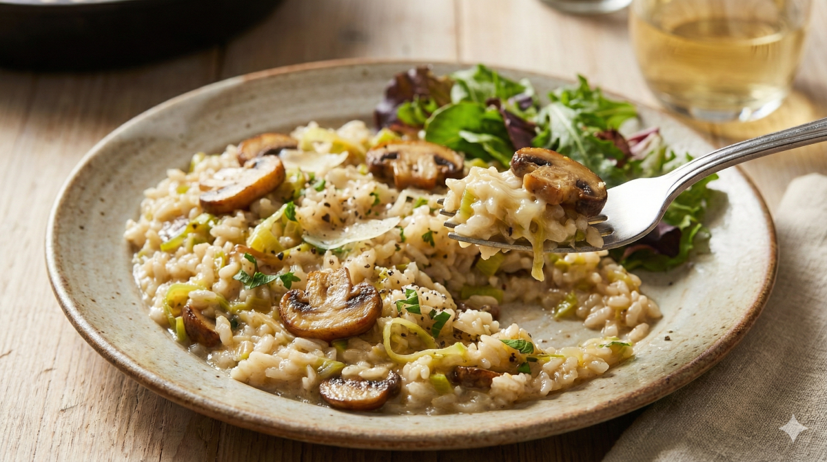Vue rapprochée d'une assiette en céramique remplie d'un risotto crémeux aux champignons de Paris émincés et aux poireaux. Une fourchette soulève une bouchée, montrant le fromage fondu et les légumes. Des copeaux de parmesan, des herbes fraîches et du poivre noir parsèment le plat. En arrière-plan, sur une table en bois, on distingue un bol de salade verte et un verre de vin blanc. La lumière est naturelle.