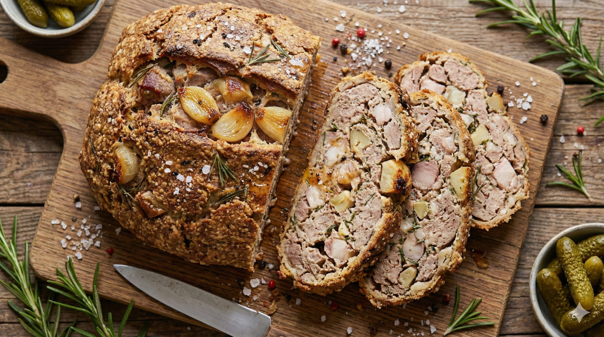 Vue du dessus d'un gros pâté de campagne rustique cuit au four, présenté sur une planche à découper en bois. La croûte dorée est incrustée de gousses d'ail rôties entières et de romarin. Trois tranches épaisses sont coupées, montrant la texture grossière de la viande et les morceaux d'ail à l'intérieur. Un couteau, des cornichons dans un bol et du gros sel entourent le plat.