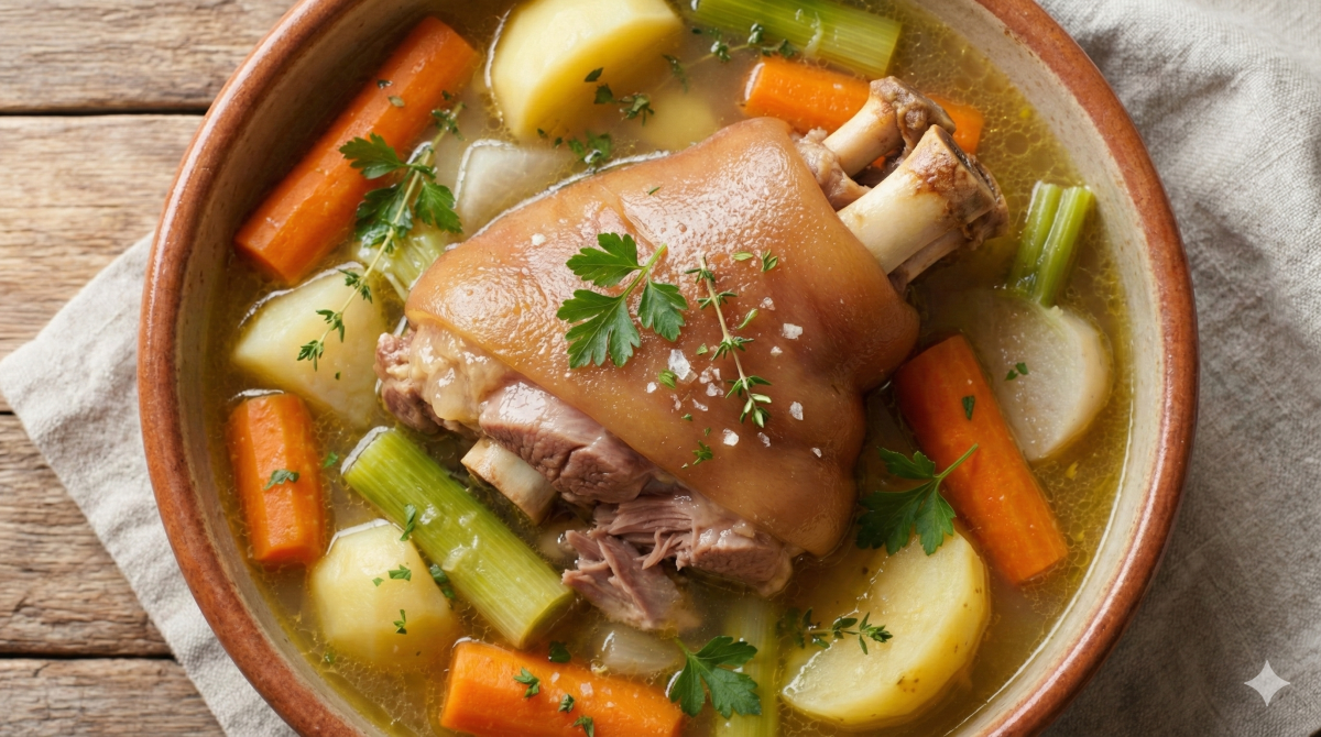 Vue en plongée d'un bol rustique en terre cuite rempli d'un copieux pot-au-feu. Un gros jarret de porc cuit est placé au centre, entouré de gros morceaux de carottes, de pommes de terre et de céleri baignant dans un bouillon clair. Le plat est garni de brins de persil frais, de thym et de grains de gros sel. Le bol repose sur une table en bois à côté d'une serviette en lin.