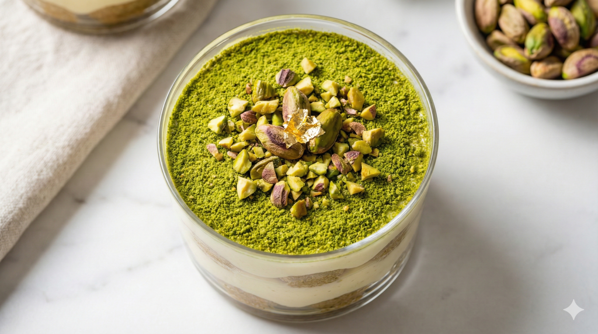 Photographie en prise de vue zénithale (vue du dessus) d'un tiramisu à la pistache présenté dans un verre transparent. La surface est généreusement saupoudrée de poudre de pistache verte, agrémentée de pistaches concassées et entières, ainsi que d'une petite feuille d'or comestible au centre. On distingue les couches de biscuits et de crème à travers la paroi du verre. Le tout est posé sur un plan de travail en marbre blanc, avec un torchon beige et un bol de pistaches en arrière-plan flou.