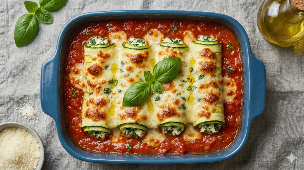 Vue aérienne d'un plat à four rectangulaire bleu contenant des rouleaux de courgettes farcis à la ricotta et aux épinards, cuits dans une sauce tomate et gratinés avec du fromage fondu doré. Des feuilles de basilic frais décorent le centre du plat, posé sur une nappe en lin gris avec un bol de parmesan râpé et de l'huile d'olive à côté.