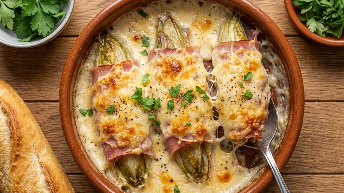 Vue en plongée d'un plat rustique en terre cuite rempli d'endives au jambon gratinées. Trois rouleaux sont couverts d'une épaisse couche de fromage fondu et doré et de sauce béchamel bouillonnante, parsemés de persil et de poivre. Une cuillère de service en métal soulève le rouleau de droite, montrant le fromage qui file généreusement. Une baguette croustillante et deux petits bols de persil frais sont posés sur la table en bois à côté du plat.