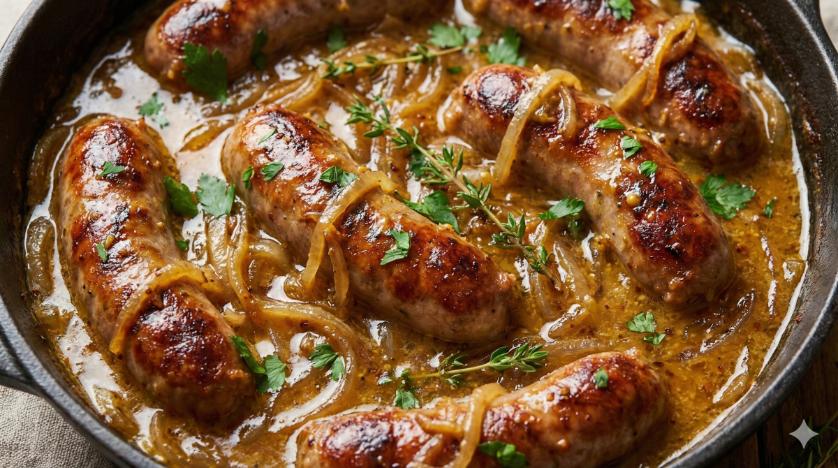 Ces saucisses sauce moutarde et aux oignons caramélisés vont mettre tout le monde d’accord