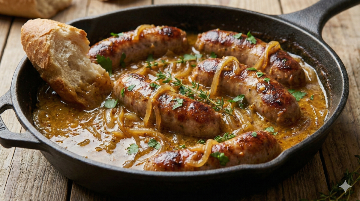 Vue rapprochée d'une poêle en fonte remplie de saucisses dorées mijotant dans une sauce riche à la moutarde et aux oignons caramélisés, parsemée d'herbes fraîches. Un morceau de pain croustillant est en train d'être trempé dans la sauce sur le côté gauche. La poêle est posée sur une table en bois rustique.