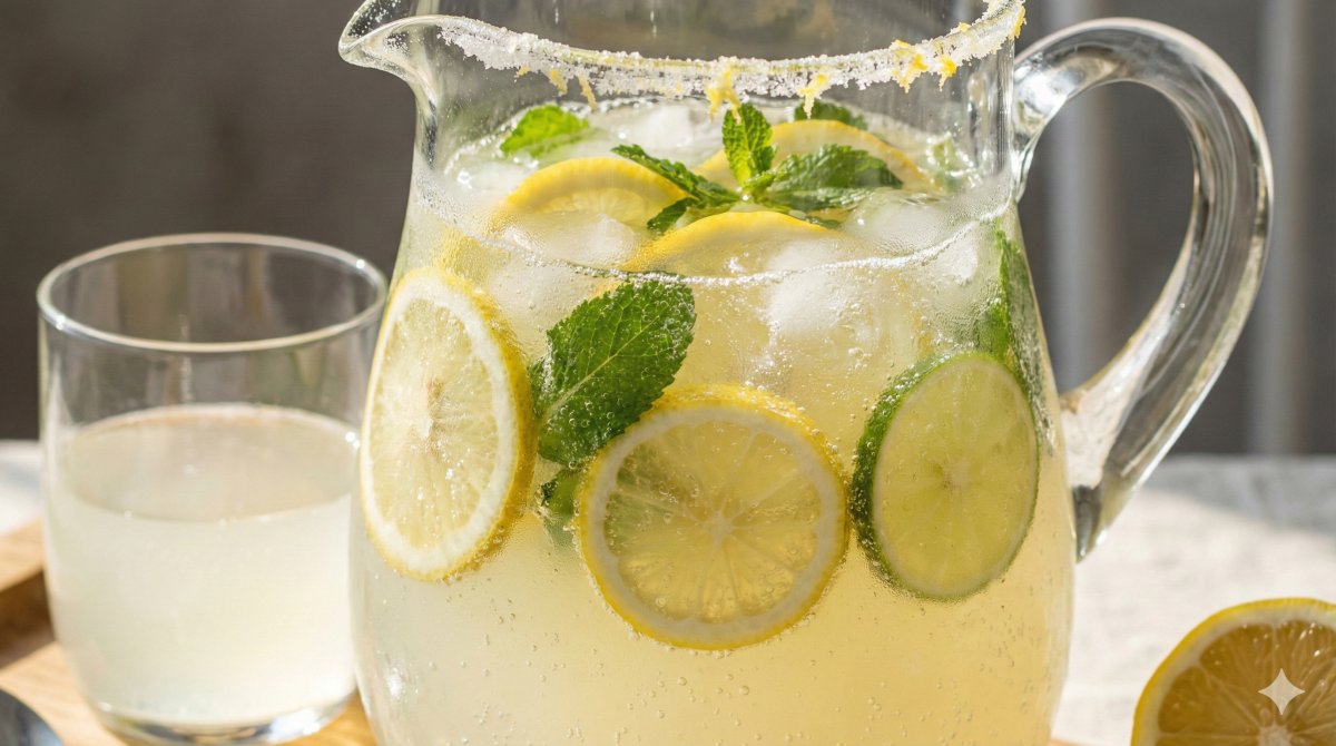 Gros plan macro sur le haut d'un verre de Marquisette au citron. Le bord du verre est givré avec du sucre cristallisé. La boisson jaune pâle et pétillante contient des glaçons, de fines tranches de citron jaune et des feuilles de menthe fraîche. La condensation et les bulles sont visibles en détail. L'arrière-plan est lumineux et flou.