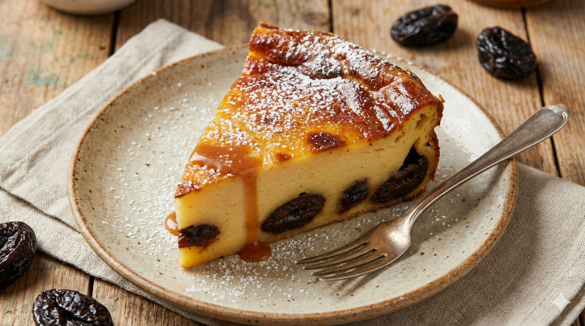 Vue rapprochée sur une part généreuse de Far Breton aux pruneaux, servie sur une assiette en céramique rustique. Le dessus est doré et saupoudré de sucre glace, avec un filet de caramel au beurre salé qui coule sur le côté. Une fourchette vintage est posée sur l'assiette, et le tout repose sur une table en bois avec une serviette en lin et des pruneaux dispersés.